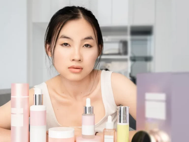 korean woman with korean skincare products