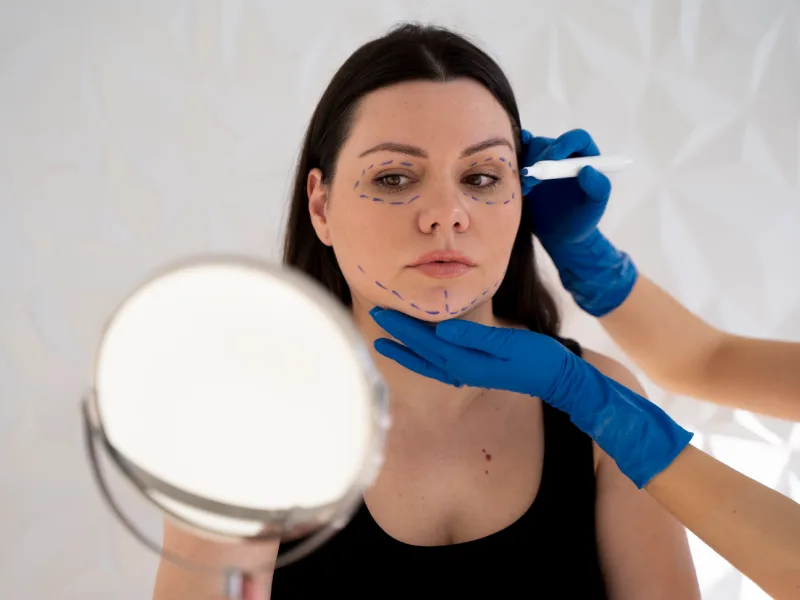 a woman getting ready to a surgery to bags under the eyes