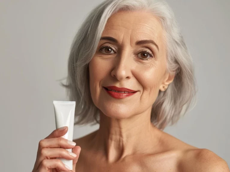 Close up portrait of attractive senior woman with rejuvenating CC cream